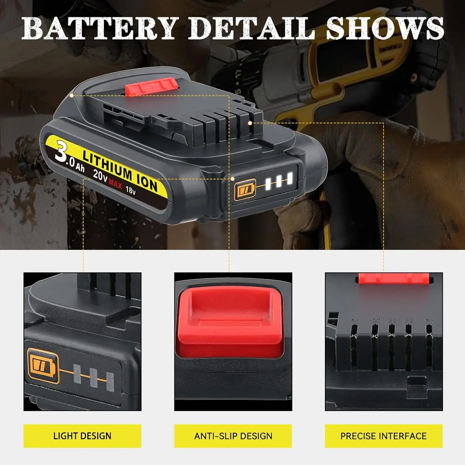 แบตเตอรี่ VANON DCB201 2 ก้อน 3.0Ah ใช้แทนแบตเตอรี่ Dewalt 20V รุ่น DCB206 DCB207 DCB204 เหมาะสำหรับเครื่องมือไฟฟ้ารุ่น DCD/DCF/DCG/DCS