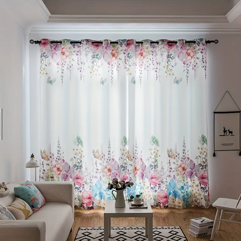 2pcs Modern Multicolor Flower Plaid Sunflower Digital Printing Household Decor Rod Pocket Curtain Kitchen Curtain Living Room