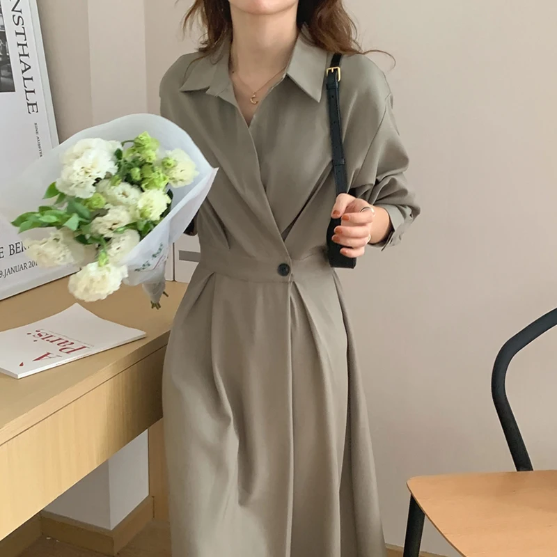 Chique Vintage Hepburn Sle Lang Knielengte Ontwerp met één knop Afslankende Wrap Dr Dames Faion Commute Koreaanse Sle Lange S...