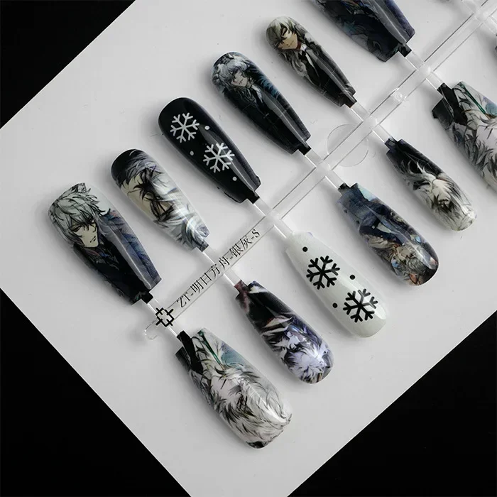 SilverAsh Ebenholz Arknights Otaku Game Cute Fake Nails Cartoon Arcade Manicure Press on Nails Simple Black White Nail Tips