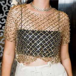 Mesh Splice Sequins Cover-up Women Sexy See Through Short Sleeve Crop Tops Ladies 2024 Party Beach Shirts Cover Up Femme