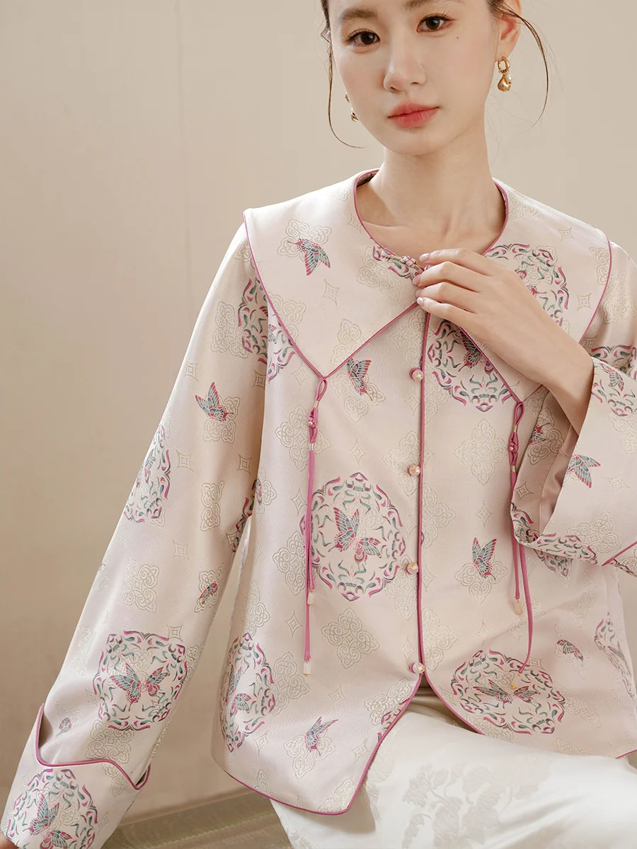 

Женское пальто свободного кроя с цветочной вышивкой и воротником в китайском стиле, осенняя новинка, из полиэфирного волокна