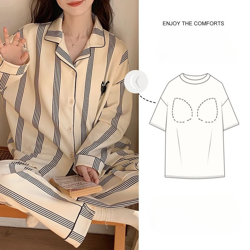 Women Spring Autumn 2024 Latest Pyjamas with Chest Pad Cotton Sleepwear Long Sleeve Lapel Loose Nightgown Cute Big Size Pajamas