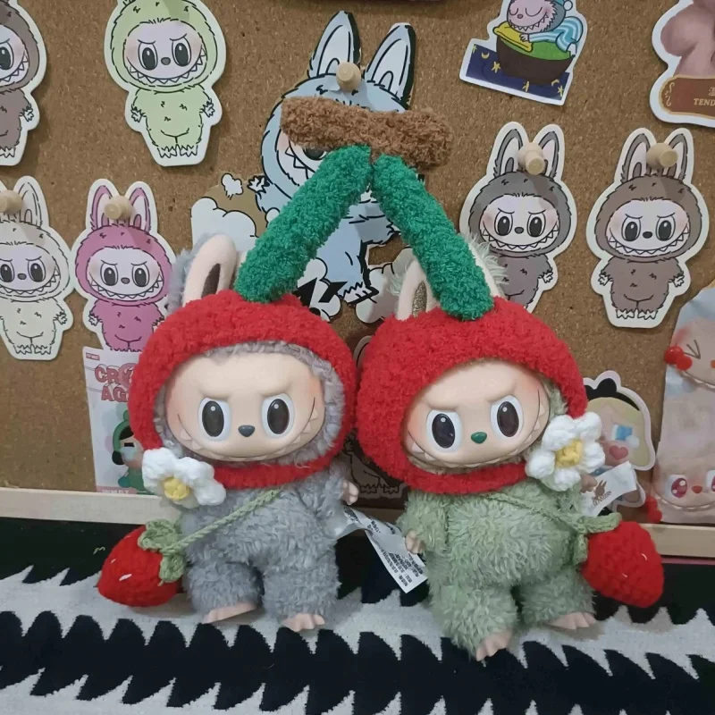 Labubu Doll Clothes 17cm Baby Twins Clothes Replacement Glue Doll Cherry Suit Kawaii V1 V2 Doll Clothing Accessories Suit Gifts