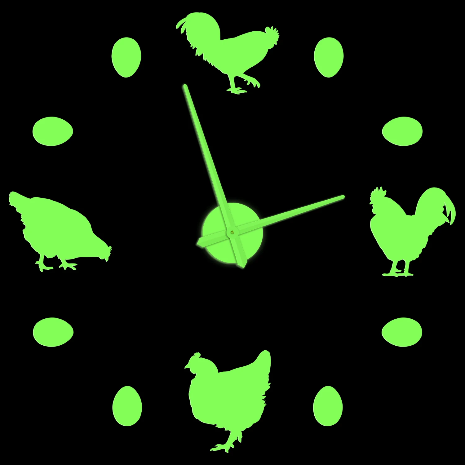 Reloj de pared acrílico 3D DIY con diseño de pollo y huevos frescos que brilla en la oscuridad, decoración de cocina de granja, reloj luminoso gigante para comedor