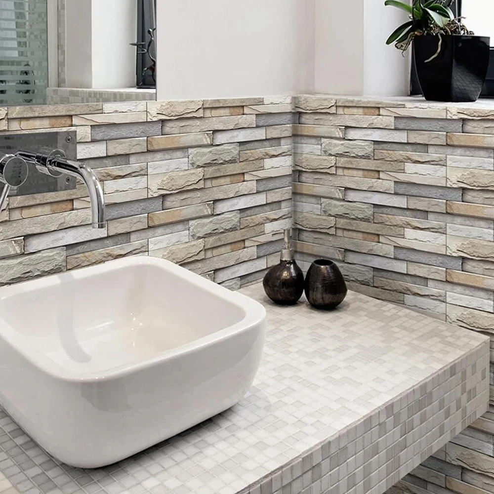 7Pcs Brick Pattern Wall Stickers 3D Peel and Stick Wall Paper Self Adhesive Wall Tile Sticker for Kitchen Bathroom Home Decor