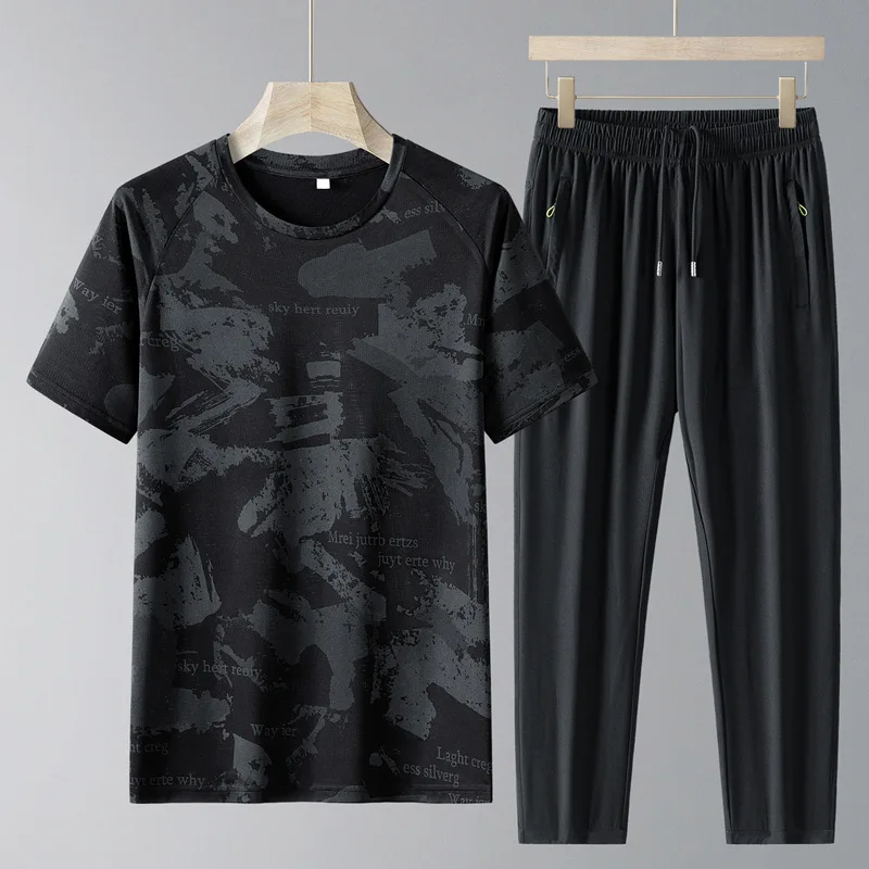 Mens Summer Camo 2 Piece Set Cool  Breathable Short Sleeve  Long Pants  Sports Casual Versatile Style
