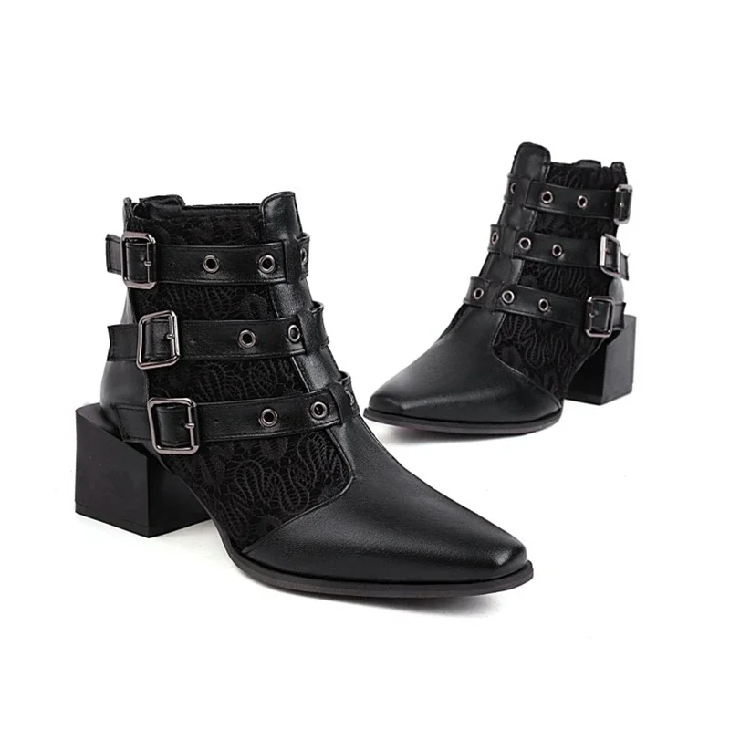 

QPLYXCO Ботильоны Осень Лето Ретро Задняя молния Квадратный носок Толстые высокие каблуки Короткие ботильоны Большие размеры 45, 46, 47 48 33-2