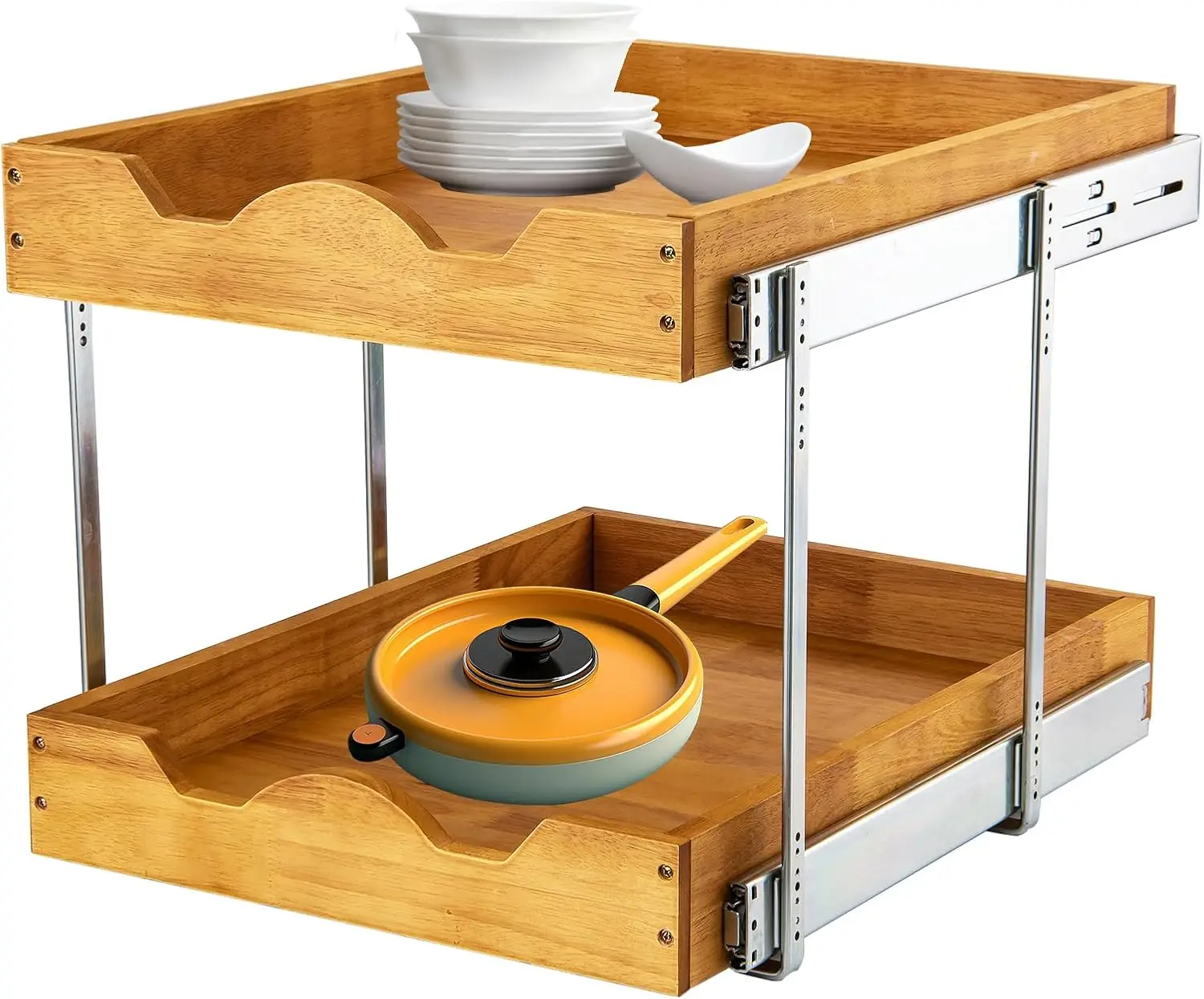 

2 Tier Wood Pull Out Cabinet Organizer (17" W x 18" D) Heavy-Duty Metal Sliding Drawer Shelf, Two Tier Pull Out Shelves for K