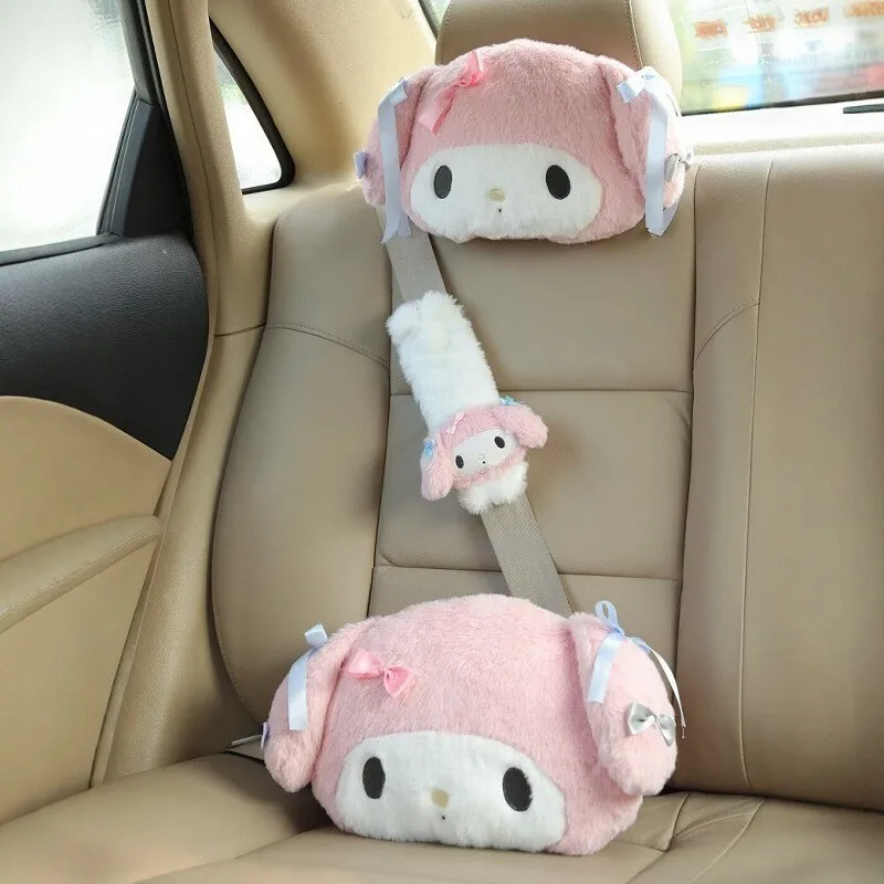 Sanrio My Melody Cute Car Seat Headrest Seat Belt Cover Kawaii Soft Comfortable Back Cushion Pillow Blanket Xmas Gifts Girl