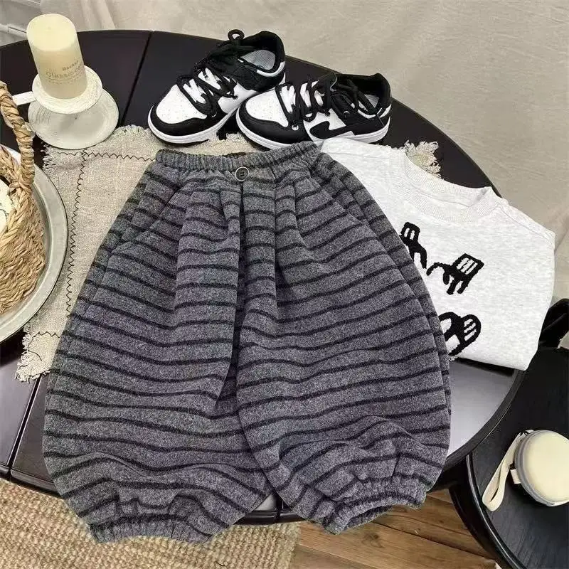 

Boys' Fleece ankle Pants With Children's Stripes Autumn and Winter New Small and Medium-sized Children's Sports Warm Pants