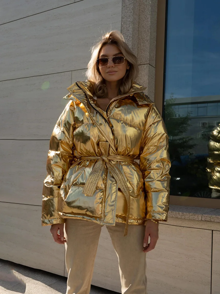 Gold Silver Cotton-Padded Jackets With Belt Long Sleeve Warm Zip Outerwear Winter 2024 Loose Coats Pockets Women Jacket