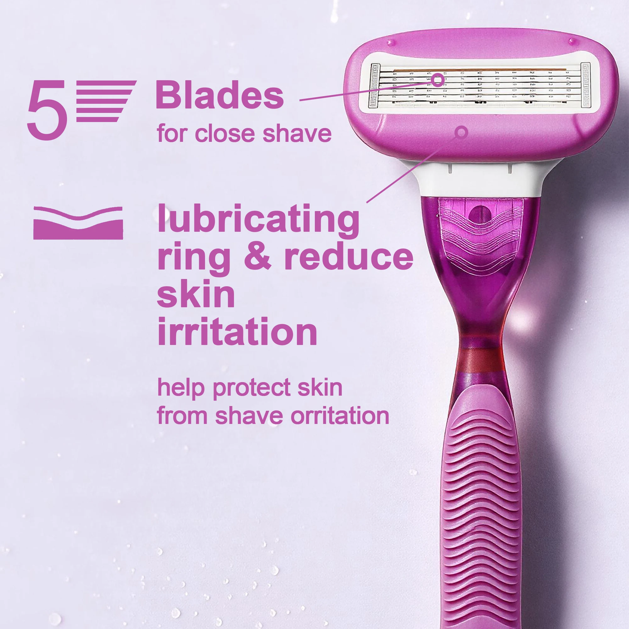 Women's 5-Blade Manual Razor with Lubricating Ring Non-Slip Handle, Body Shaver for Legs Underarms Bikini, Travel Hair Removal T
