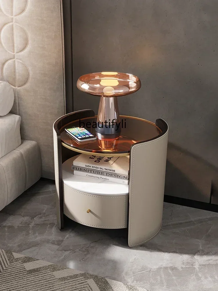 cn8350 LHY A  ZqItalian Saddle Leather Round Bedside Table, Storage Cabinet, Solid Wood Chest of Drawers, BedroomSS 8617
