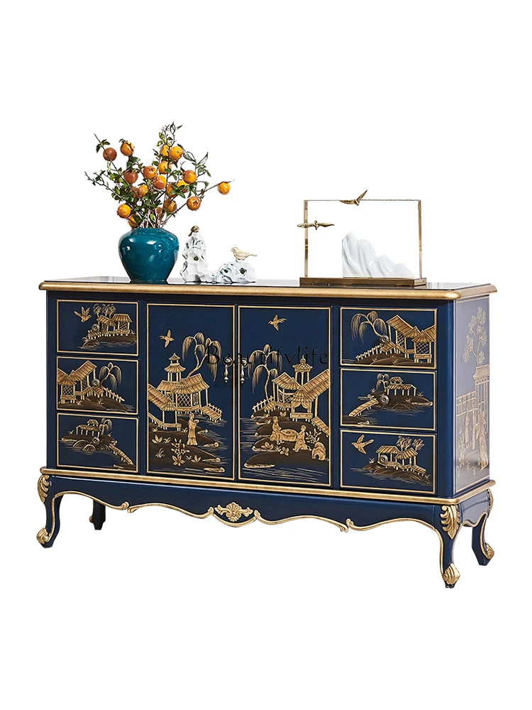 

European retro carved entrance cabinet, living room painted entrance table, solid wood semicircle