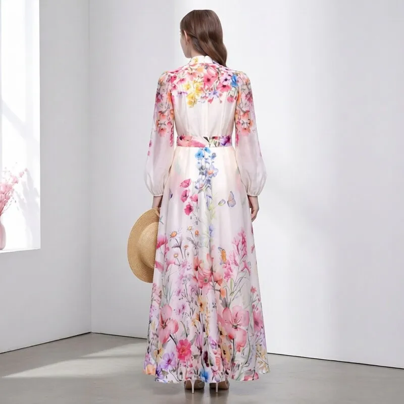 Rustic Floral Print Long Lantern Sleeve Dress Women's Photography Beautiful European Elegant Long Dress A-Line Skirt Style