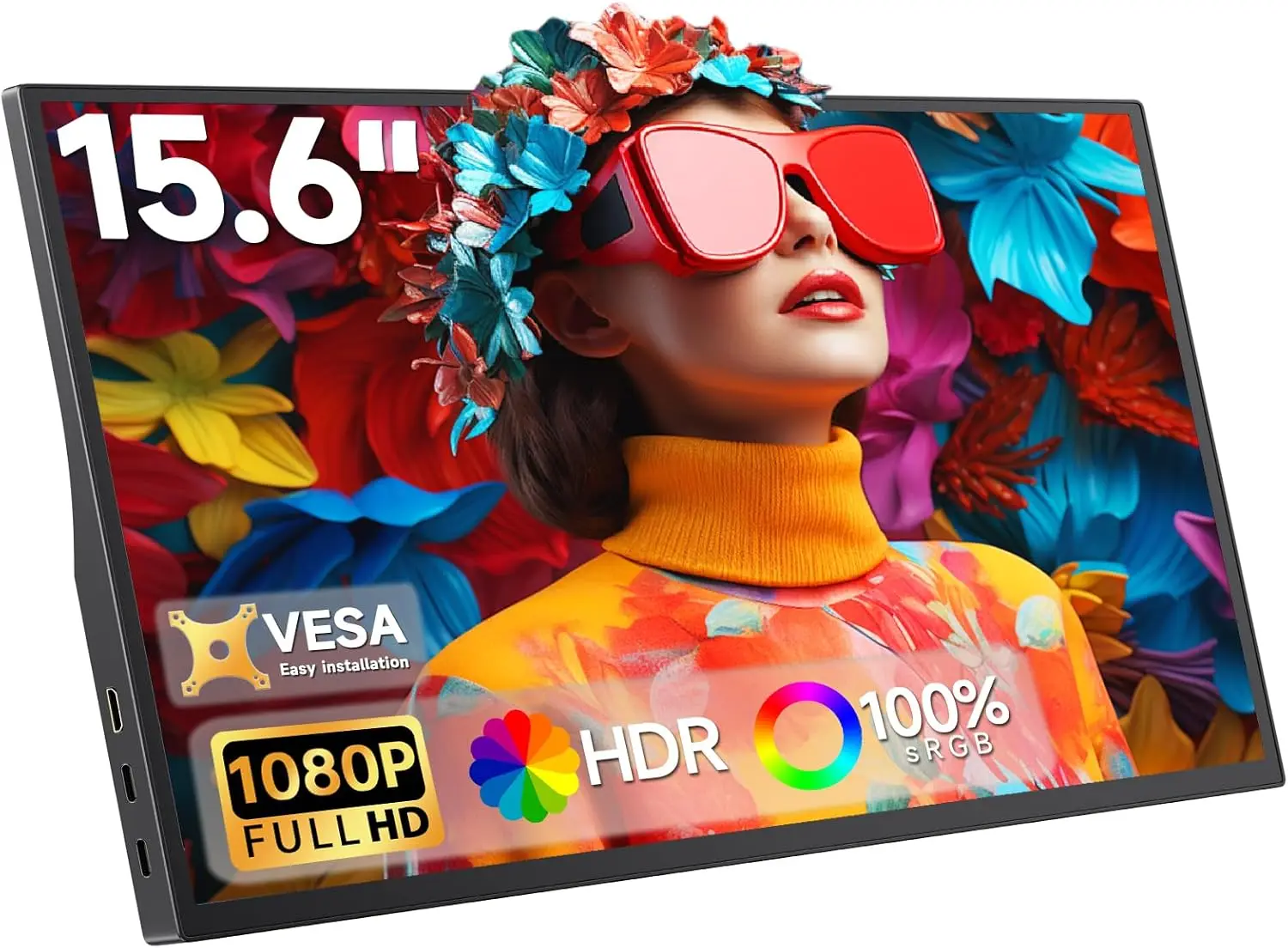 

15,6-дюймовый портативный монитор 1080P FHD, яркий экран 300 нит с USB-C и HDMI, подставка и динамики для путешествий, ноутбуков, ПК, телефонов, игр