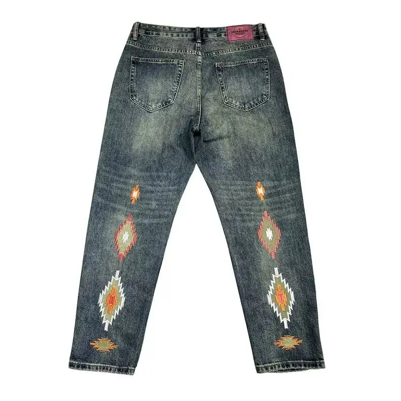 Pantalones vaqueros de algodón puro lavados Retro de marca de moda para hombres sueltos pequeños ángulo recto bordado personalizado pantalones casuales versátiles