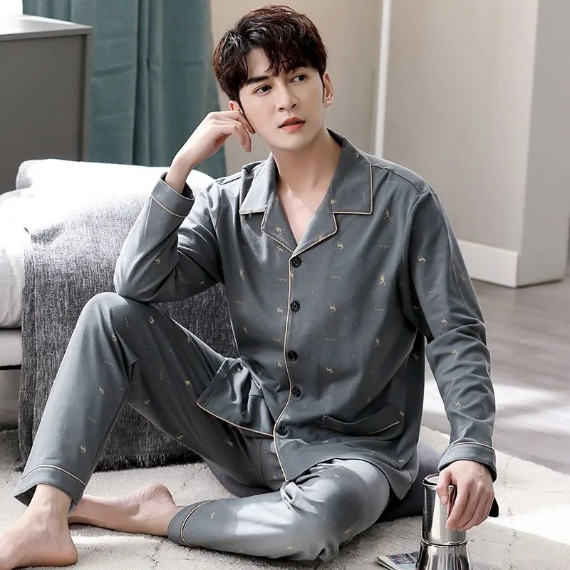 2024 Latest Spring Autumn Men Pajamas Cotton Long Sleeve Pyjamas Young Middle Age Large Size Sleepwear Lapel Check Home Wear Set