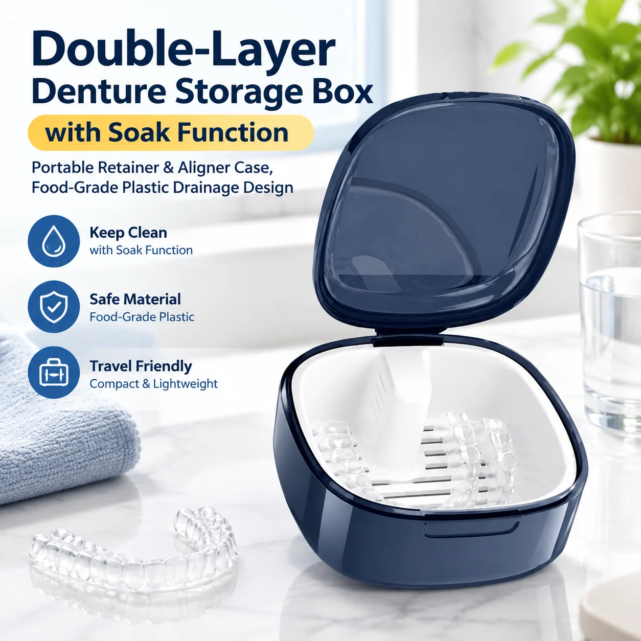 Double-Layer Denture Storage Box with Soak Function, Portable Retainer & Aligner Case, Food-Grade Plastic Drainage Design,