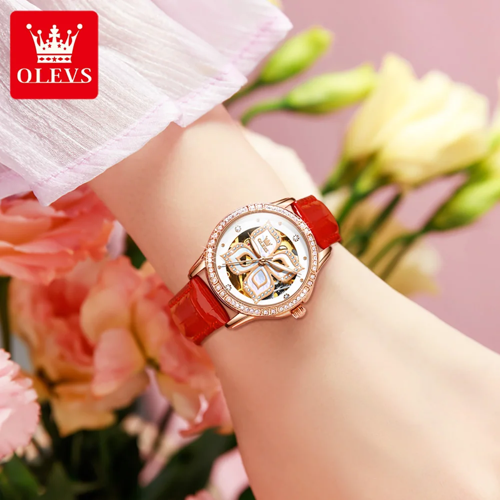 OLEVS Womens Watch Elegant Fashion Bezel Ceramic Strap Original Mechanical Wristwatch Waterproof Luminous Butterfly Dial Ladies