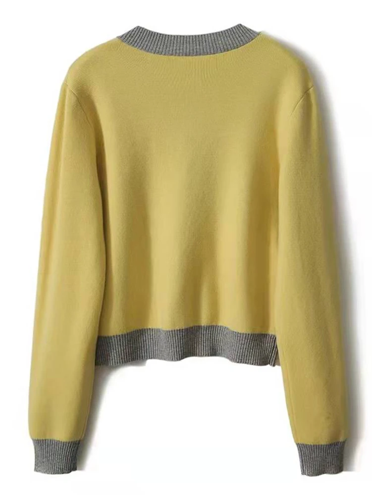 2023 Autumn Winter Korean Fashion Clothing Elegant Yellow Cardigans Sweater Women O Neck Button Long Sleeve Knitted Tops Female