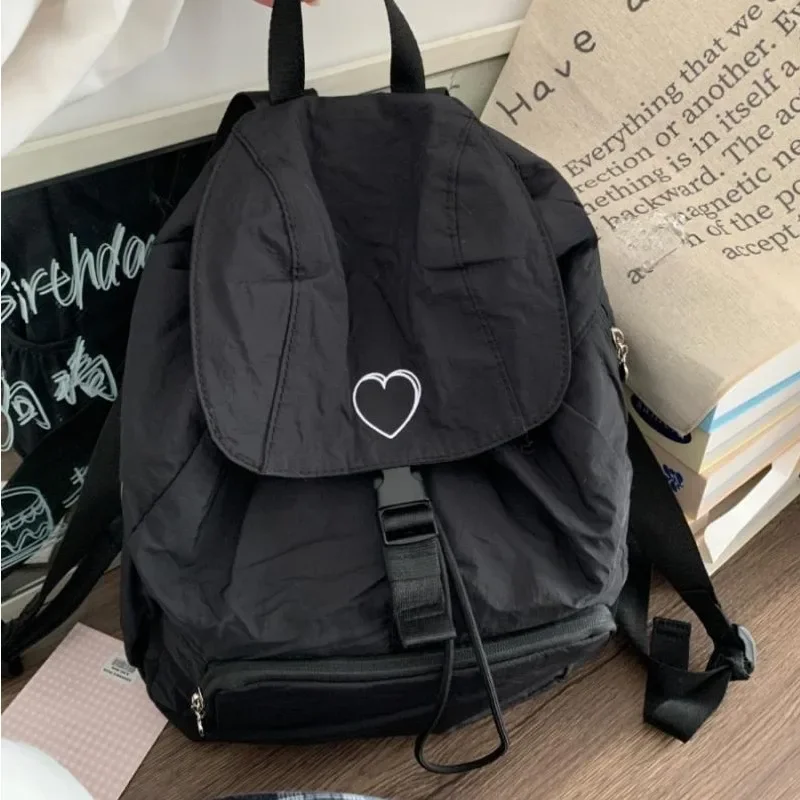 MBTI Black Womens Backpack Love Embroidery Nylon Korean Style Fashion Casual Backpacks Large Capacity Outdoor Simple Female Bag