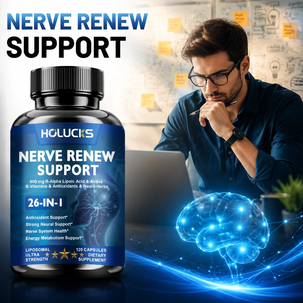 High Absorption Nerve Renew Capsules, with Taurine, Turmeric, for Brain & Heart Health, Nervous System, Daily Sleep Quality