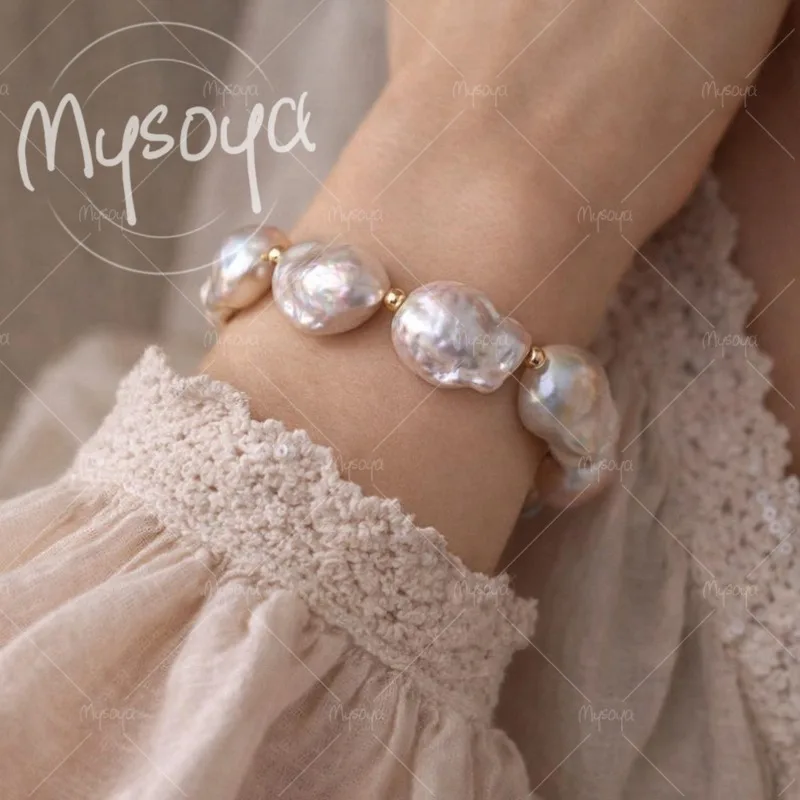 

MYSOYA 11-14mm White Baroque Freshwater Pearl Bracelet with Gift Box,for Him/ Her,for Birthday/ Wedding/ Mother's Day Gift A0190