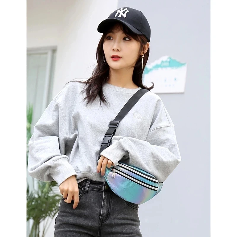 New Holographic Fanny Pack Hologram Waist Bag Laser PU Beach Travel Banana Hip Bum Zip Waist Bags Women Belt Bag for Girls