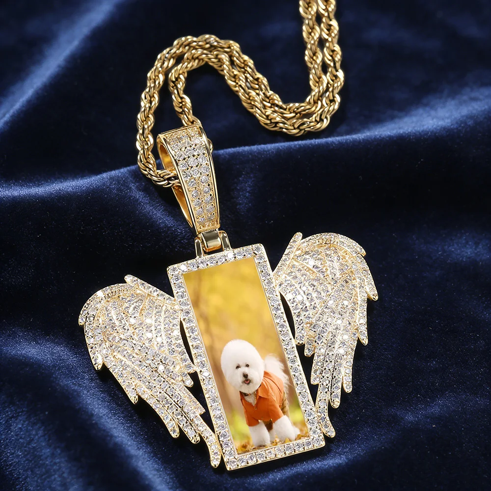 Customized Picture Iced Rectangle Wing Pendant Necklace Hiphop Rock DIY Cubic Zirconia Anniversary Memorial Gift