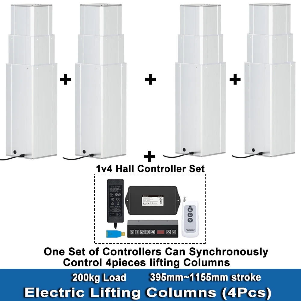 

4Pieces Electric Lifting Columns with Synchronous Control Hall controller Set(1V4) High Lifters 2000N 1155MM Stroke 200kg Load