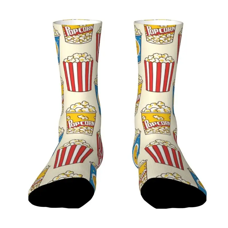 A Pair of Unisex Outdoor Socks with Popcorn Cartoon Pattern Featuring a Fun Movie-watching Theme Design Machine Washable