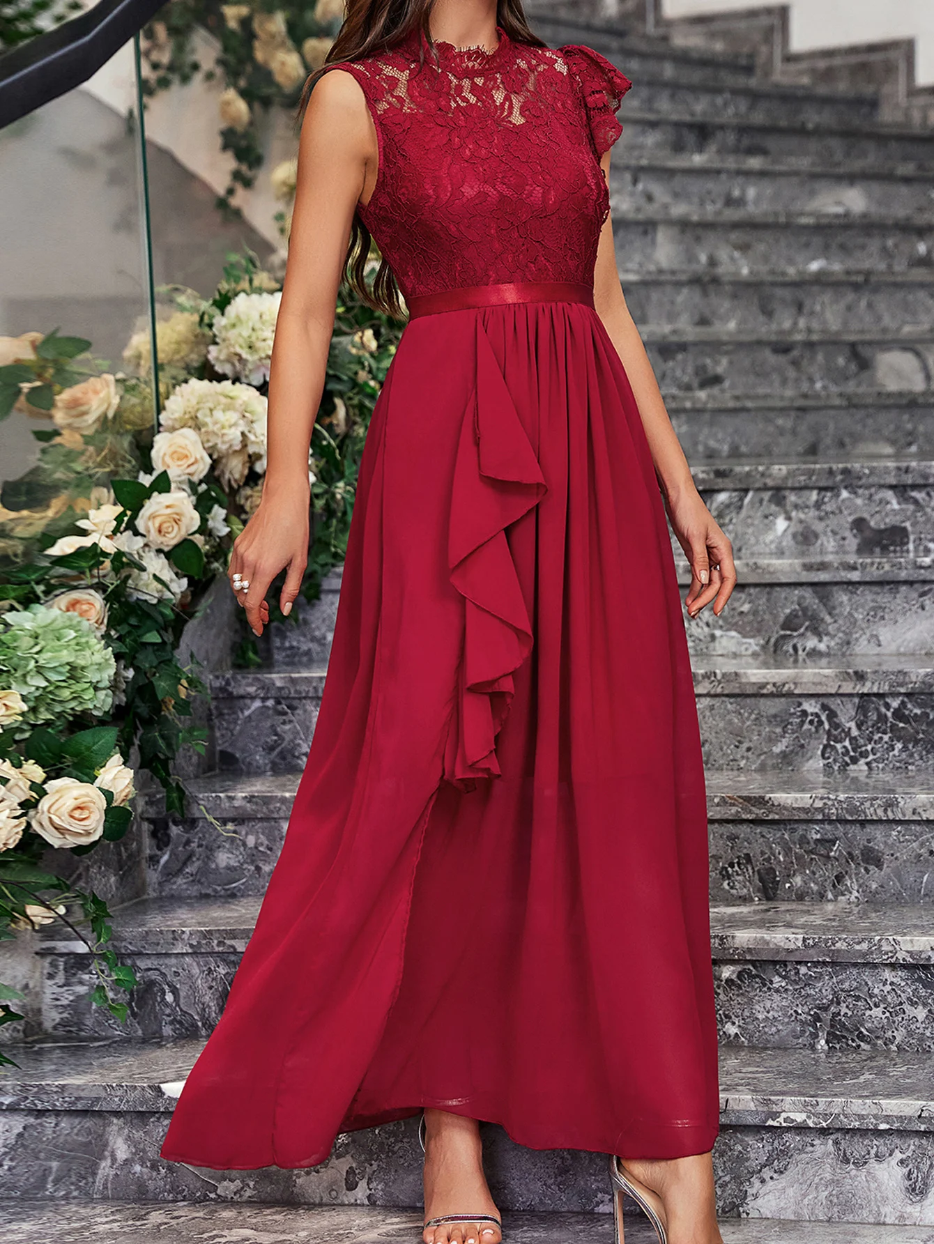 

Elegant Evening Party Maxi Long Dresses Women 2024 Summer Sleeveless Chiffon Pleated Vintage Lace Bridesmaid Wedding Prom Dress