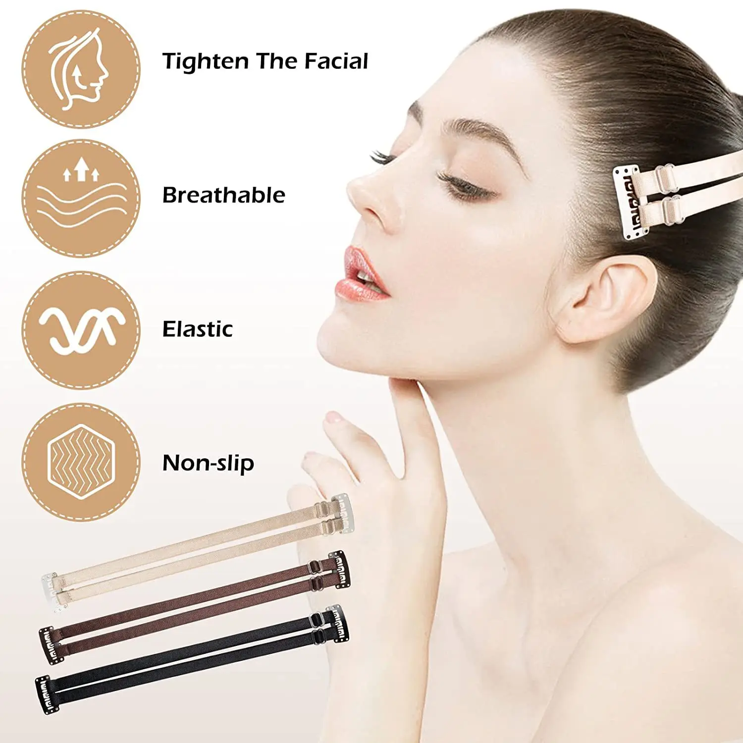 Plussign-Sangle réglable pour lifting du visage, simple, double, brune, élastique, bande commandée avec clip, beauté des cheveux