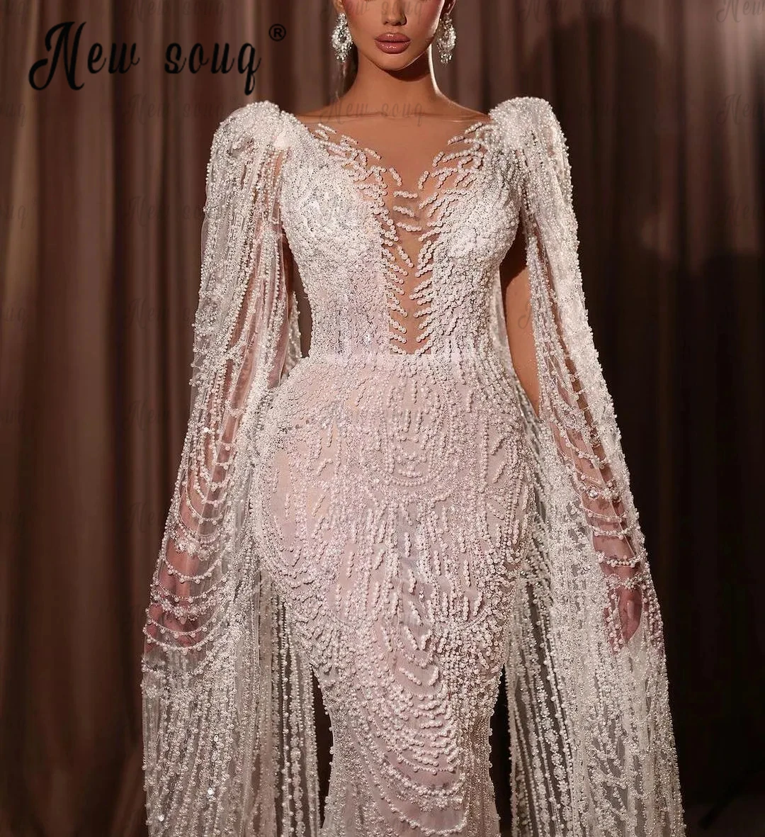 Luxury Pearls Long Evening Dress with Cape Sleeve Beading Deep V Neck Mermaid Vestido De Noiva Dubai Special Occasion Dress