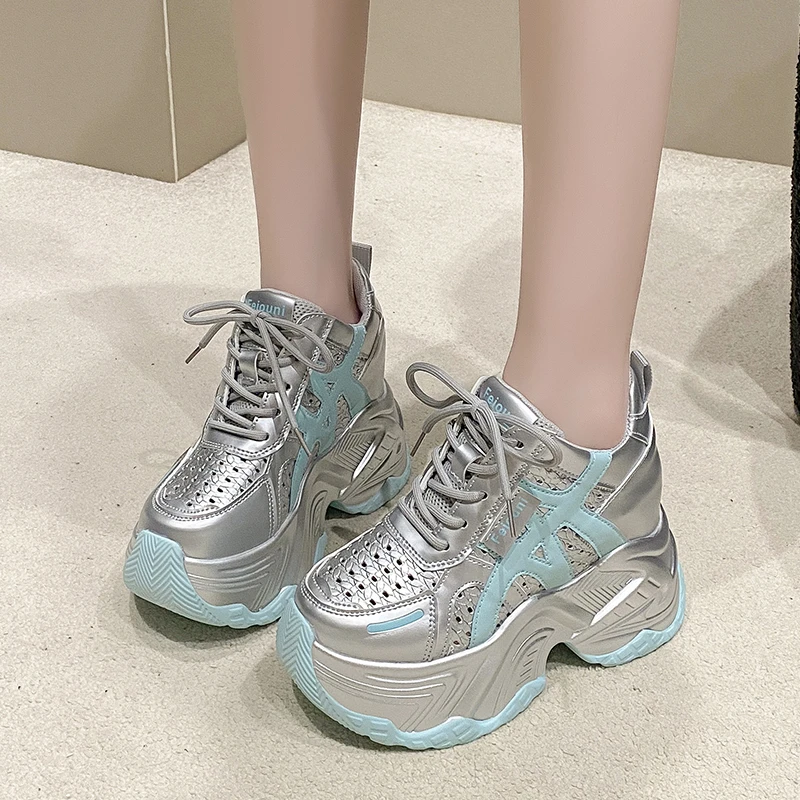 Women Autumn Breathable Chunky Sneakers Lace Up Platform Sports Shoes Woman Thick Bottom 10CM High Heels Female Wedges Sneaker - view 5