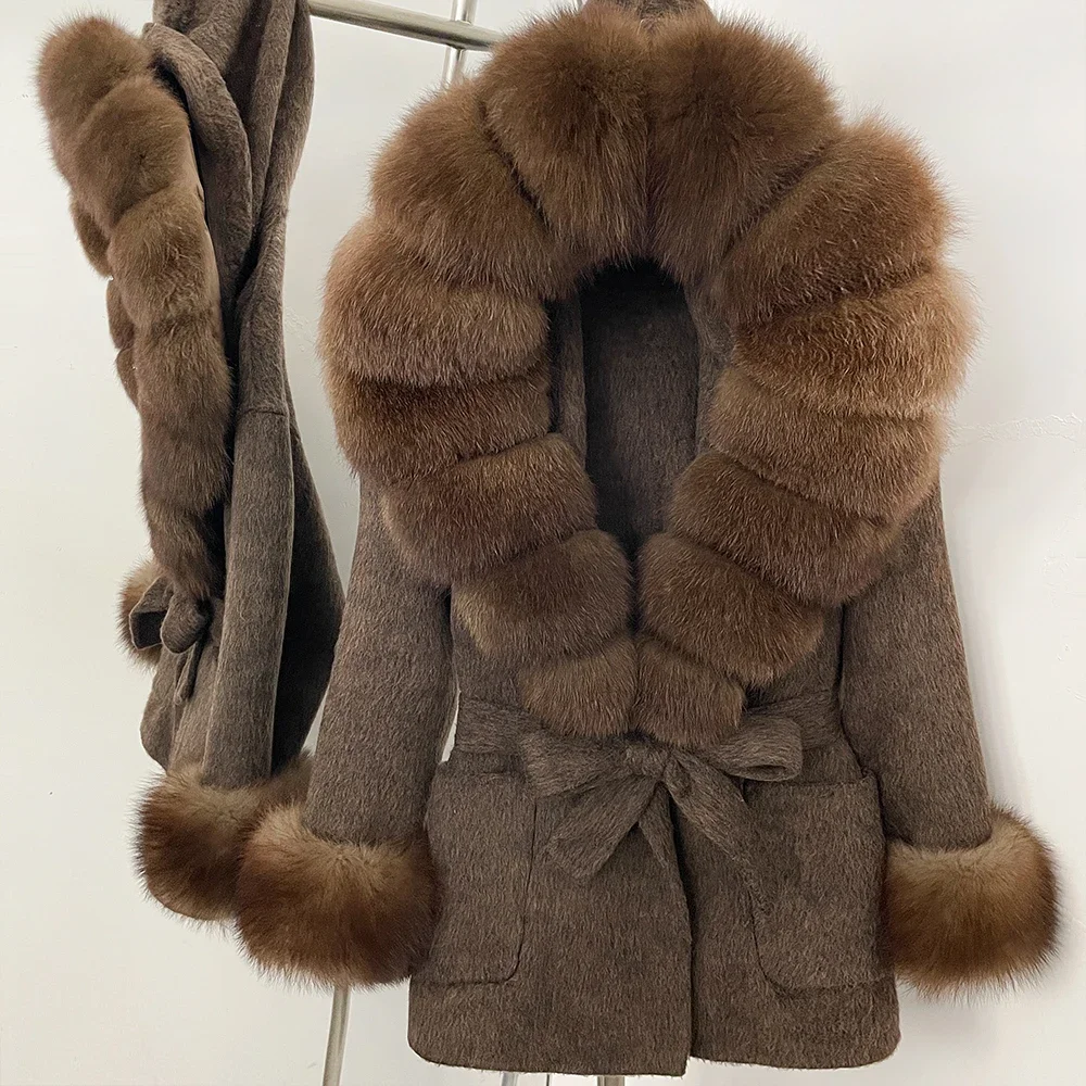 OFTBUY Neue Winterkleidung Damen Wollmantel mit Kapuze, Natürlicher Pelzkragen und -manschetten, Luxuriöser Gürtel, Echte Fuchspelz-Wolljacke für Frauen – Detail 7