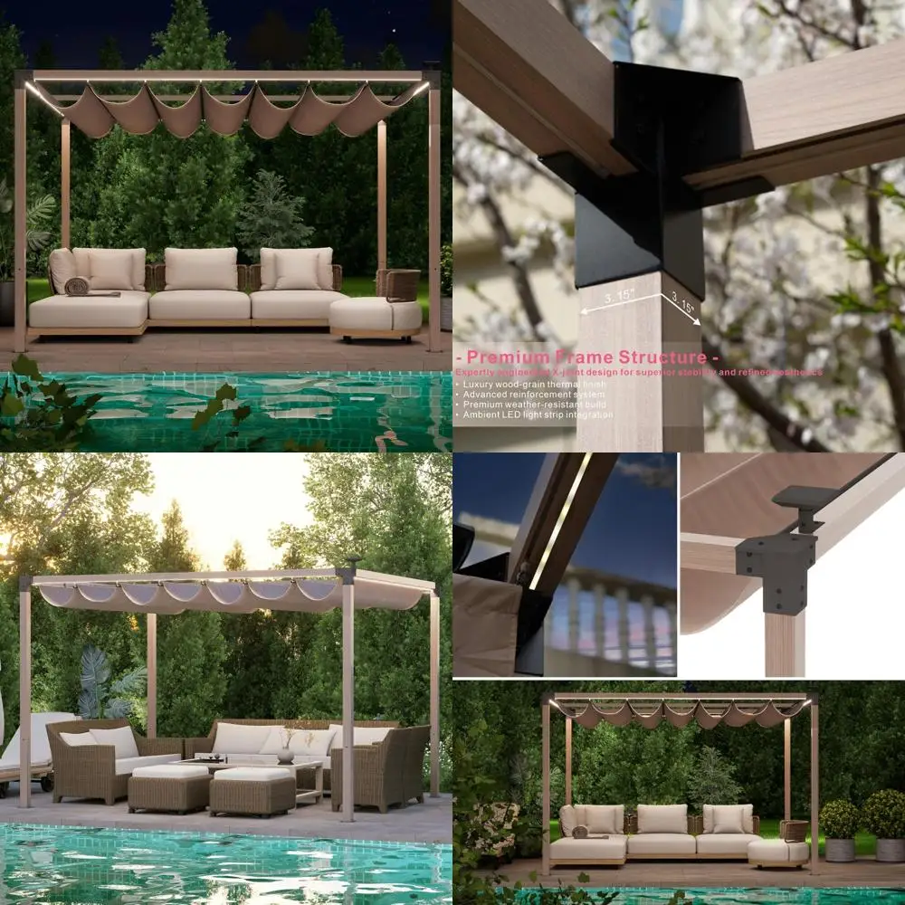 

Collapsible Pergola with LED Illumination, 10x12 ft Aluminum Outdoor Shelter, Contemporary Patio Sunshade