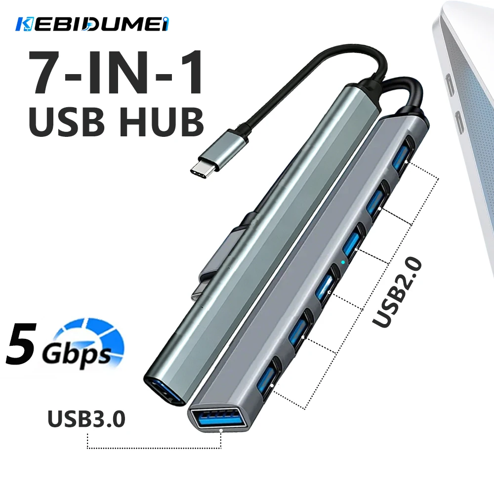 KEBIDUMEI USB 3.0 HUB 7 In 1 Docking Station 5Gbps High Speed Data Transmission Splitter OTG Adapter Game Accessories For Laptop