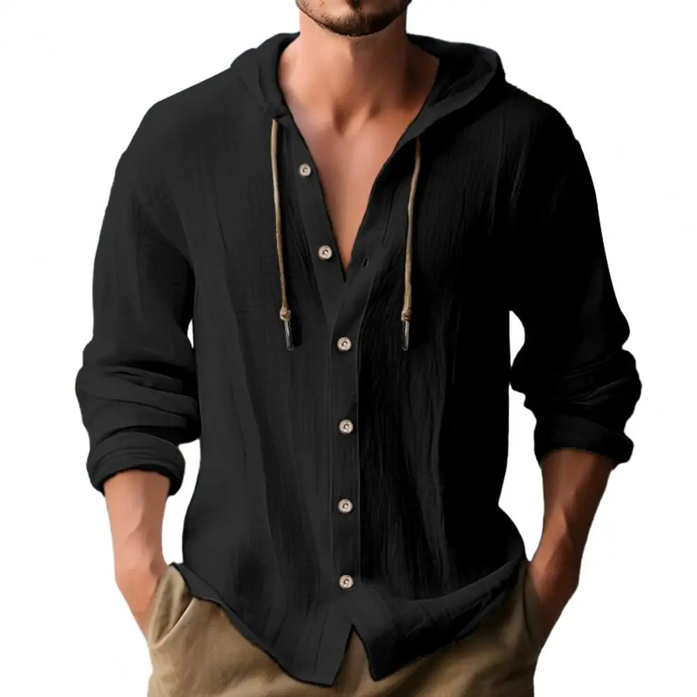 Men Hooded Drawstring Shirt Top Solid Color Button Closure Long Sleeve Quick Dry Casual T-Shirt Streetwear