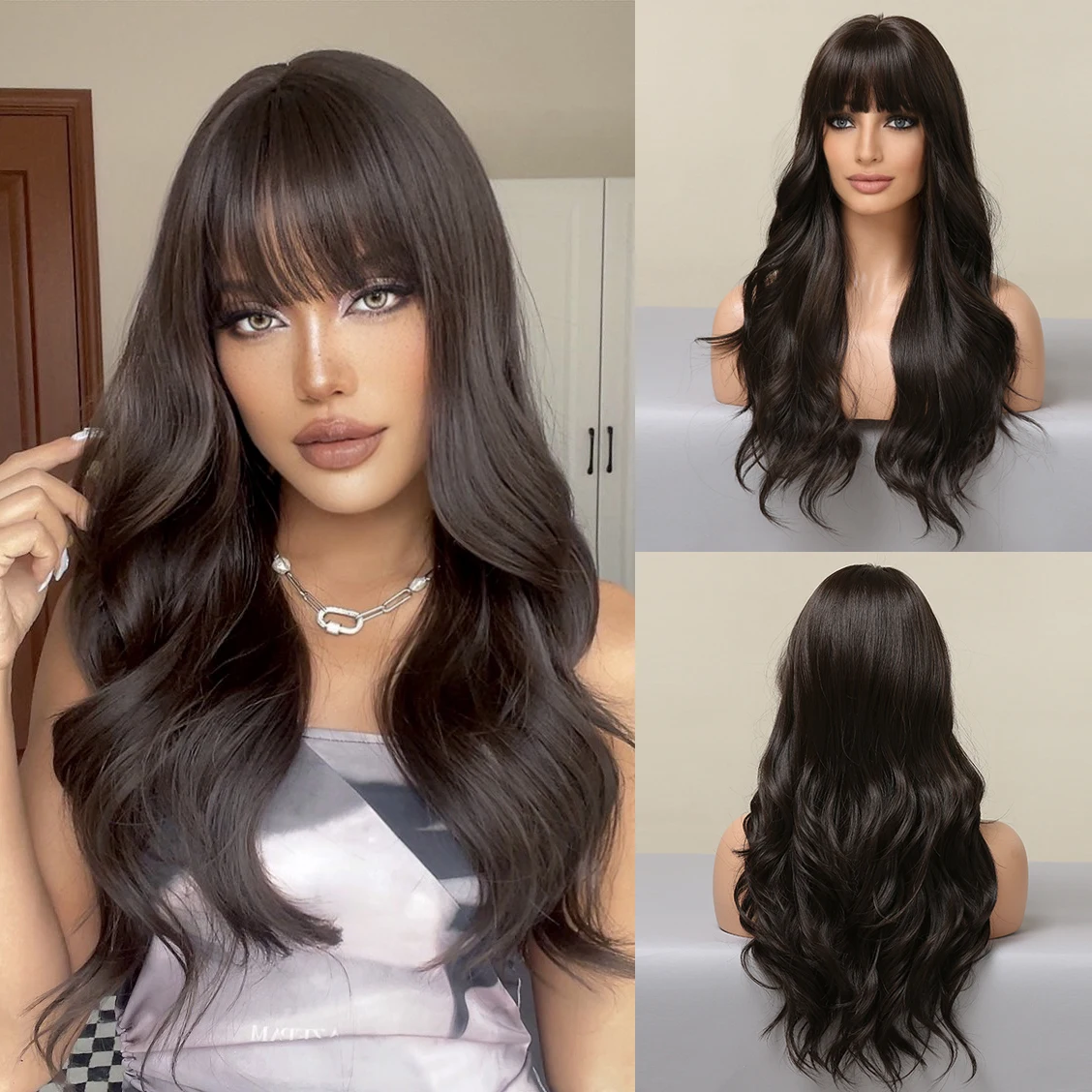 Jet Black Synthetic Wigs Wavy with Bangs Hair Wig for Women Daily Cosplay Use Natural Hairline Heat Resistant Fiber