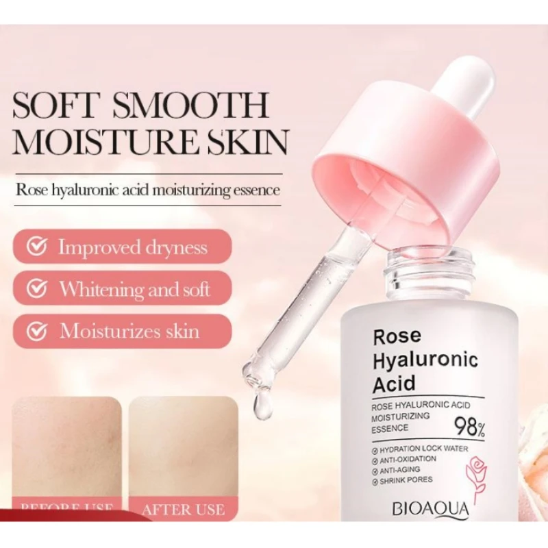 30ml BIOAOUA Rose Hyaluronic Acid Nourishing Essence Moisturizing Face Serum Hydrating Brighten Shrink Pores Skincare