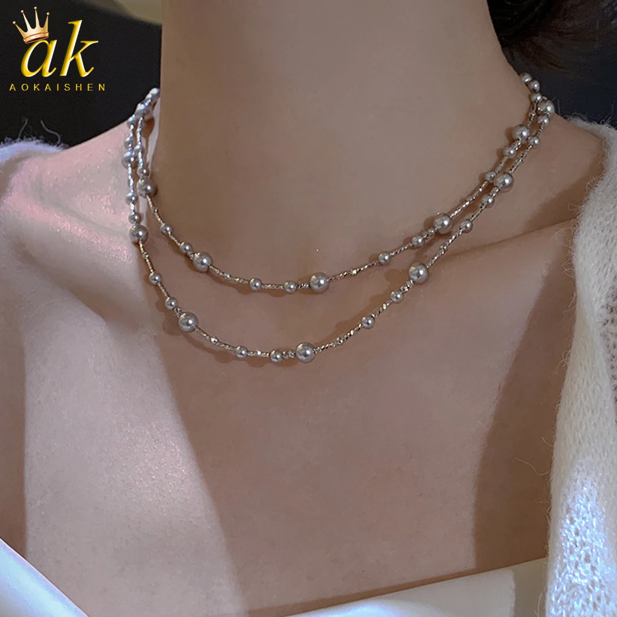 Aokaishen Pearl Necklace Versatile Accessory for Women Collarbone Chain Sexy Girl Double Layered Necklace Luxury 2023 Jewelry