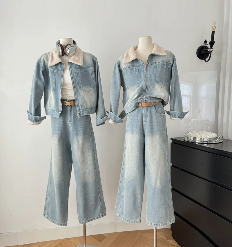 Bomon Y2K American Vintage Couture Wash Lapel Fashion Baggy Denim Jacket High-Waisted Straight-Leg Jeans Thickened Two-Piece Set