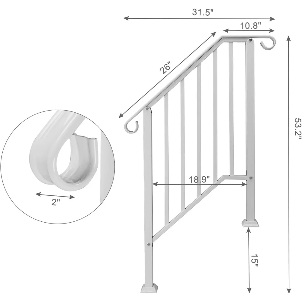 3 Step Handrails for Outdoor Steps, Wrought Iron Stair Railing Fits, Metal Hand Rail with Installation Kit, Staircase Handrails