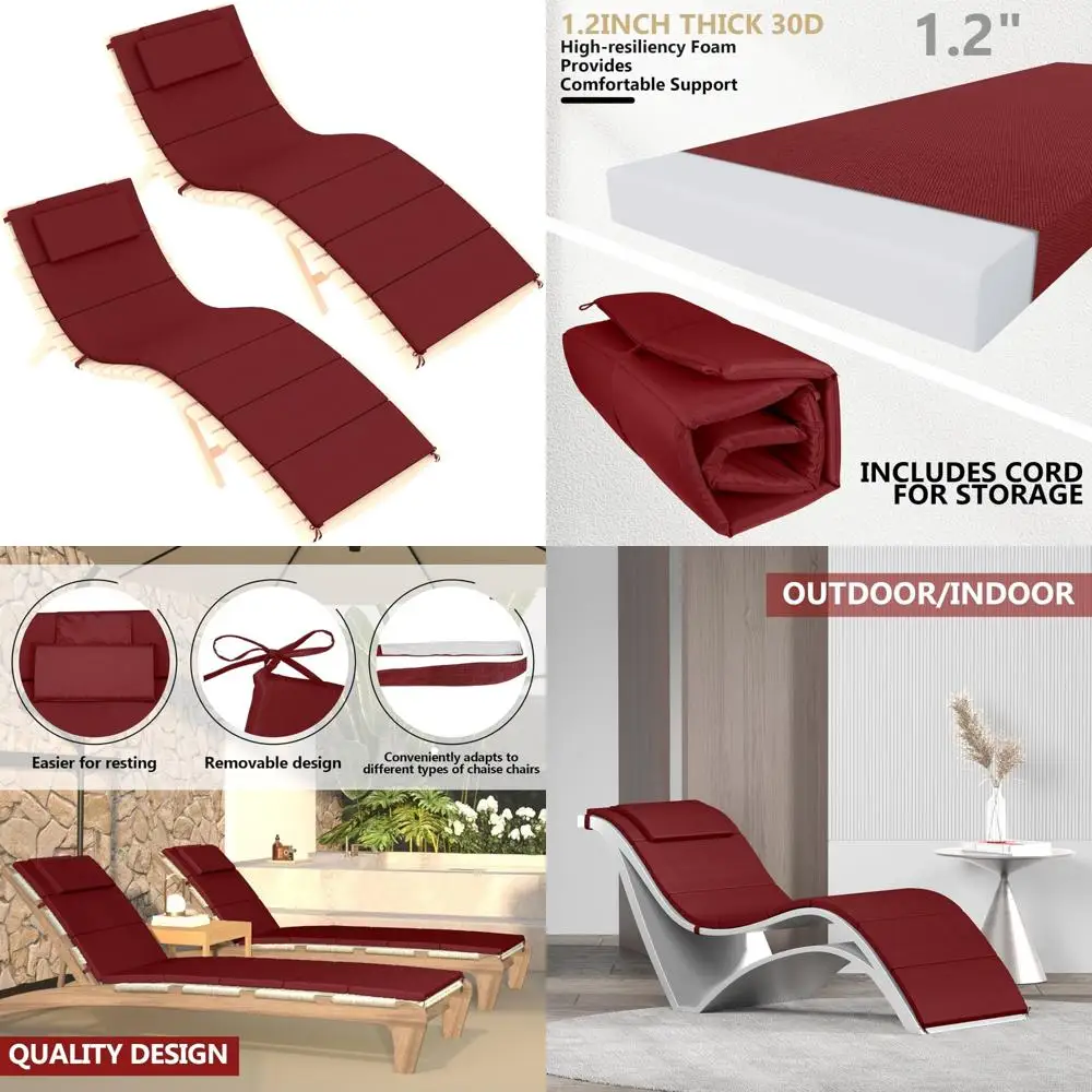 

Outdoor Foldable Chaise Lounge Cushions with Headrest, Weather-Resistant and Fade-Proof Replacement Cushions for Patio Chairs