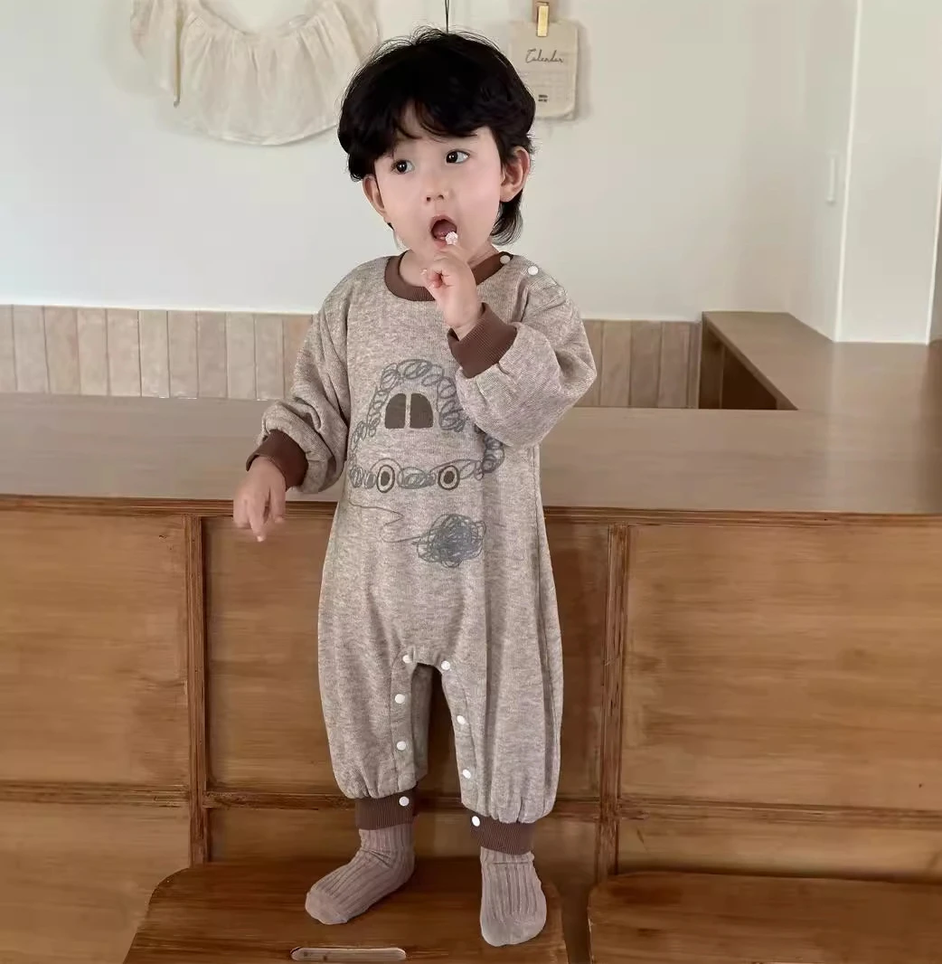 Baby Rompers 2024 Autumn New Korean Children Clothing Baby Jumpsuit Cartoon Printed Patchwork Long Sleeve Rompers