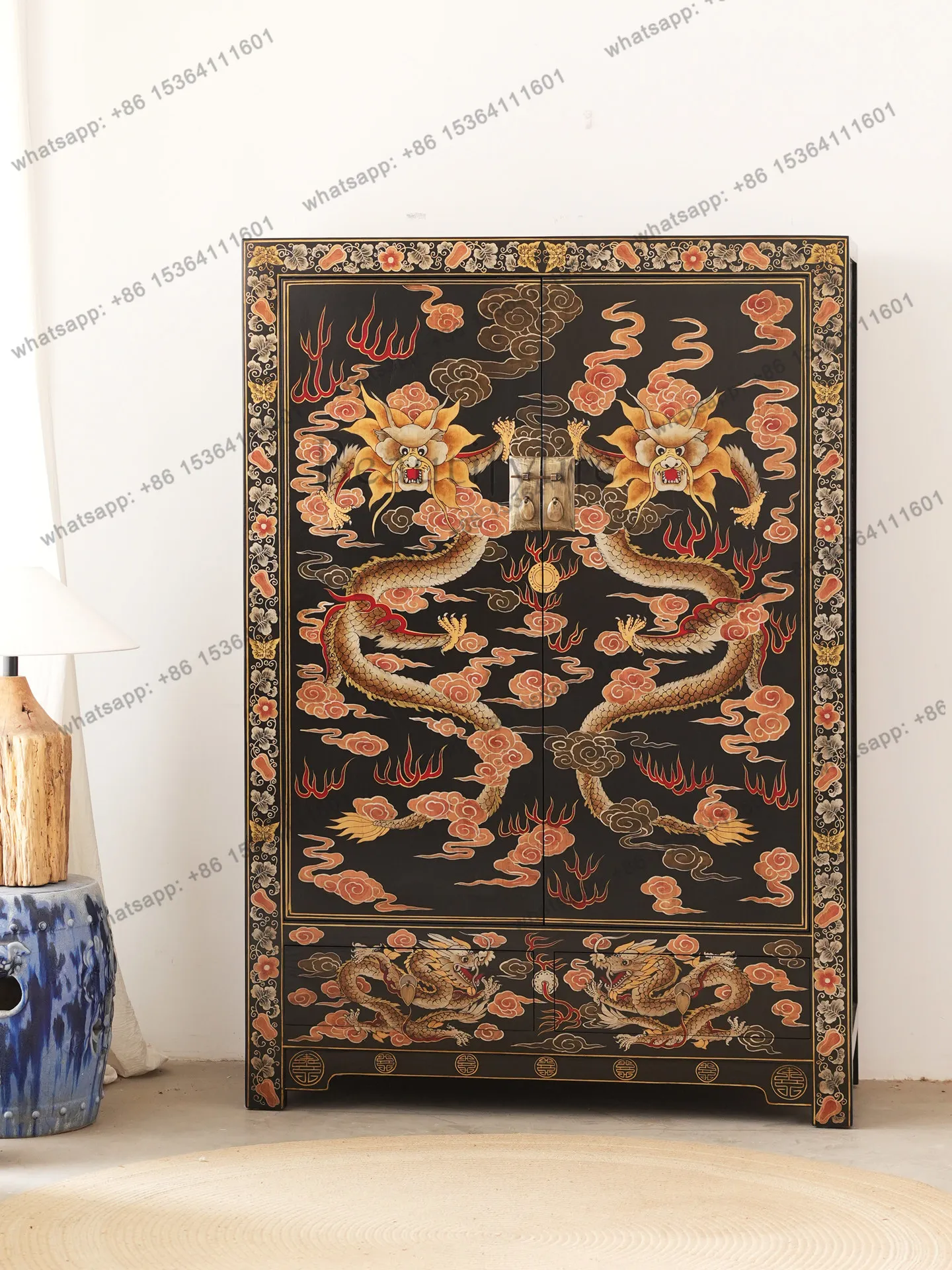 LD Tibetan hand-painted gold dragon pattern solid wood wardrobe Chinese style retro painted double door wardrobe