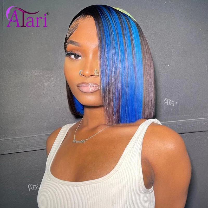 Blue Highlights Short Bob Human Hair Wigs 13x4 Straight Lace Frontal Bob Wig for Women Pre Plucked Transaprent 4x4 Closure Wig